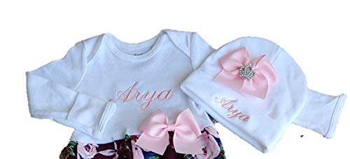 Theposhlayette Newborn Baby Girl Coming Home Outfit Personalized Floral Layette Gown with Beanie Baby Girl Shower Gifts (0 to 3 months)