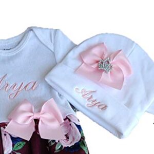 Theposhlayette Newborn Baby Girl Coming Home Outfit Personalized Floral Layette Gown with Beanie Baby Girl Shower Gifts (0 to 3 months)