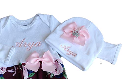 Theposhlayette Newborn Baby Girl Coming Home Outfit Personalized Floral Layette Gown with Beanie Baby Girl Shower Gifts (0 to 3 months)