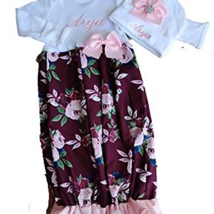 Theposhlayette Newborn Baby Girl Coming Home Outfit Personalized Floral Layette Gown with Beanie Baby Girl Shower Gifts (0 to 3 months)