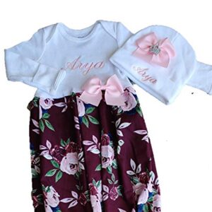 Theposhlayette Newborn Baby Girl Coming Home Outfit Personalized Floral Layette Gown with Beanie Baby Girl Shower Gifts (0 to 3 months)