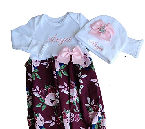 Theposhlayette Newborn Baby Girl Coming Home Outfit Personalized Floral Layette Gown with Beanie Baby Girl Shower Gifts (0 to 3 months)