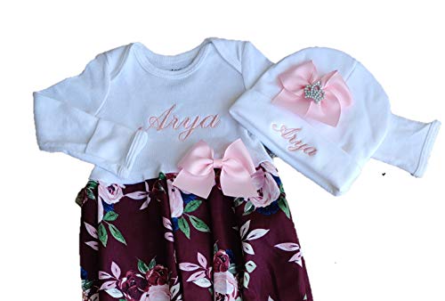 Theposhlayette Newborn Baby Girl Coming Home Outfit Personalized Floral Layette Gown with Beanie Baby Girl Shower Gifts (0 to 3 months)