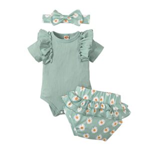 newborn baby girl clothes infant short ruffle romper floral pants baby girl summer outfits (green, 3-6 months)
