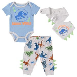 jurassic world welcome to the universe baby baby clothes 3-piece set with baby bodysuit, pants, and bib – baby outfits (6-9m), blue/grey/green (ajwb114st)