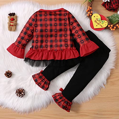 Toddler Kids Baby Girls Valentine's Day Clothes Set Heart Printed Tops Tshirt+Long Pants Leggings Outfits for Little Girl (Red-Plaid, 3-4T)