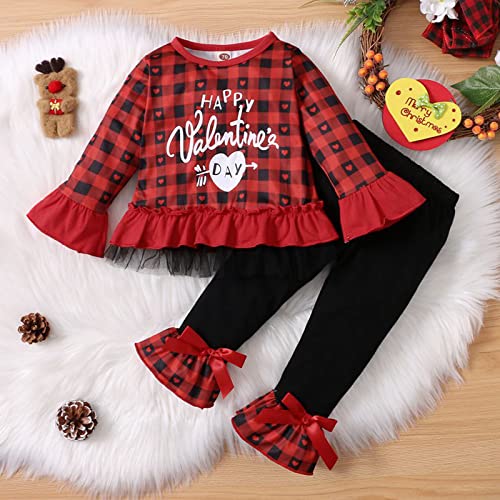 Toddler Kids Baby Girls Valentine's Day Clothes Set Heart Printed Tops Tshirt+Long Pants Leggings Outfits for Little Girl (Red-Plaid, 3-4T)