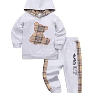 Yoxindax Toddler Baby Boy Clothes Outfits Plaid Bear Long Sleeve Hoodie Sweatshirt Patchwork Pants Spring Clothes for Boys(2-3t)