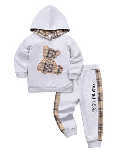 Yoxindax Toddler Baby Boy Clothes Outfits Plaid Bear Long Sleeve Hoodie Sweatshirt Patchwork Pants Spring Clothes for Boys(2-3t)