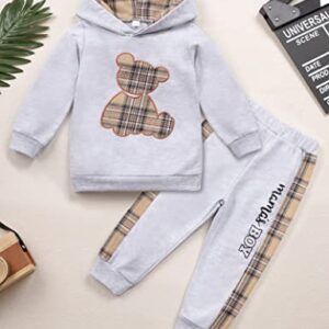 Yoxindax Toddler Baby Boy Clothes Outfits Plaid Bear Long Sleeve Hoodie Sweatshirt Patchwork Pants Spring Clothes for Boys(2-3t)