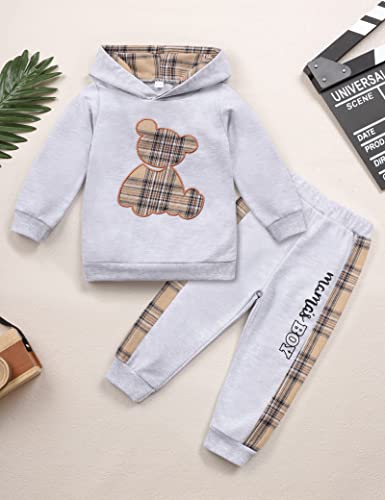 Yoxindax Toddler Baby Boy Clothes Outfits Plaid Bear Long Sleeve Hoodie Sweatshirt Patchwork Pants Spring Clothes for Boys(2-3t)