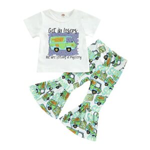 kids baby girls st. patricks day outfits car letter print short sleeve t-shirt tops and bell bottom pants toddler summer sets (white, 9-12 months)