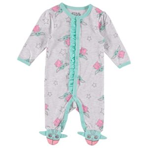 star wars baby yoda baby girls footie pajamas – newborn sleeper – baby pajamas one piece (grey/green/pink, 0-3m)