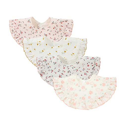 Nishine 4 pcs Unisex Baby Muslin Bandana Drool Bibs 360 Degree Rotatable Cotton Teething Feeding Drooling Bibs for Boy Girl (flower set)