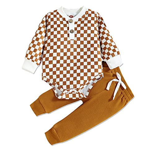 Aweyoo Baby Boy Winter Outfits 2 Piece Neutral Baby Clothes Long Sleeve Romper Checkerboard Bodysuit Top Pants Thanksgiving Baby Outfit