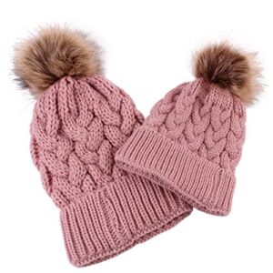 parent-child beanie hat, mother and baby daughter/son winter knitted warm hat, winter warm double pom crochet cap (2pcs-pink)