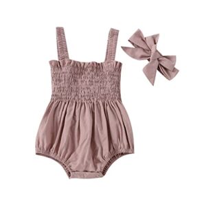 infant baby girls floral cotton strappy halter romper bodysuit and headband ruffled jumpsuit sunsuit baby girl summer clothes (solid pink, 0-3m)