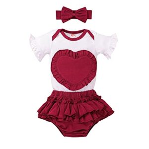 tepuce baby girl clothes 0-3 months infant summer outfit ruffle romper love heart + ruffle shorts + headband, red heart set