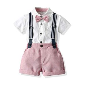 himean baby boys gentleman outfits clothes, toddler summer short sleeve bowtie shirt+suspender shorts set(pink, 80/12-18 months)