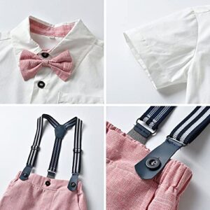 HIMEAN Baby Boys Gentleman Outfits Clothes, Toddler Summer Short Sleeve Bowtie Shirt+Suspender Shorts Set(Pink, 80/12-18 Months)