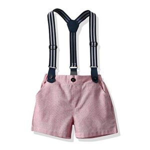 HIMEAN Baby Boys Gentleman Outfits Clothes, Toddler Summer Short Sleeve Bowtie Shirt+Suspender Shorts Set(Pink, 80/12-18 Months)