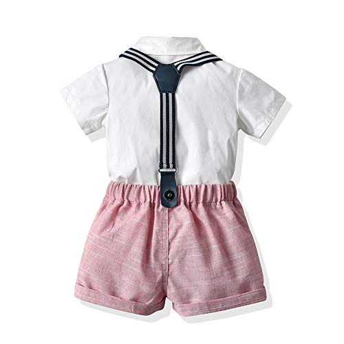 HIMEAN Baby Boys Gentleman Outfits Clothes, Toddler Summer Short Sleeve Bowtie Shirt+Suspender Shorts Set(Pink, 80/12-18 Months)