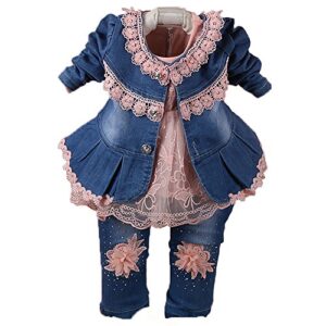 yao 6m-4y infant 3pcs baby girls clothes set toddler outfits lace dress jacket and jeans (3-4y,flower-pink)