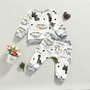 Ledy Champswiin 2pcs Winter Newborn Baby Boy Clothes Infant Cute Dinosaur Print Outfit Ribbed Cotton Long Sleeve Tops Pants Set (Dinosaur White, 0-3 Months)