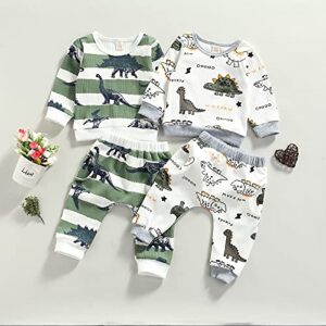 Ledy Champswiin 2pcs Winter Newborn Baby Boy Clothes Infant Cute Dinosaur Print Outfit Ribbed Cotton Long Sleeve Tops Pants Set (Dinosaur White, 0-3 Months)