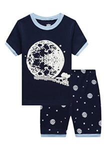 family feeling glow in the dark moon train big boys shorts set summer pajamas 100% cotton pjs kid blue size 8