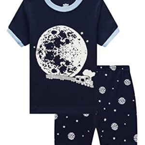 Family Feeling Glow in the Dark Moon Train Big Boys Shorts Set Summer Pajamas 100% Cotton Pjs Kid Blue Size 8