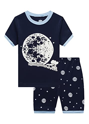 Family Feeling Glow in the Dark Moon Train Big Boys Shorts Set Summer Pajamas 100% Cotton Pjs Kid Blue Size 8