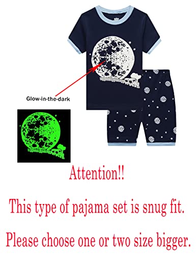 Family Feeling Glow in the Dark Moon Train Big Boys Shorts Set Summer Pajamas 100% Cotton Pjs Kid Blue Size 8