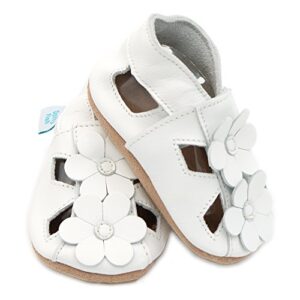 Dotty Fish Soft Leather Infant Toddler Sandals. White Flowers. 12-18 Months