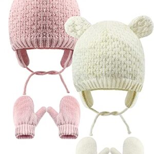 SATINIOR 2 Sets Baby Winter Beanie Hat Gloves Cute Bear Earflap Caps (White, Pink)