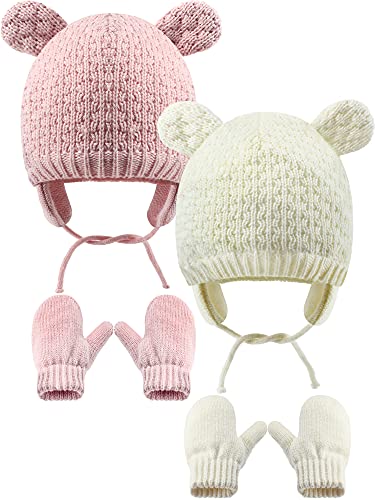 SATINIOR 2 Sets Baby Winter Beanie Hat Gloves Cute Bear Earflap Caps (White, Pink)