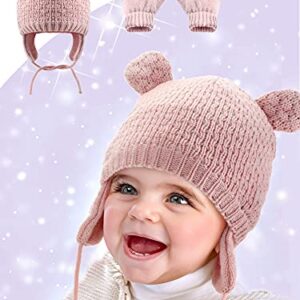 SATINIOR 2 Sets Baby Winter Beanie Hat Gloves Cute Bear Earflap Caps (White, Pink)