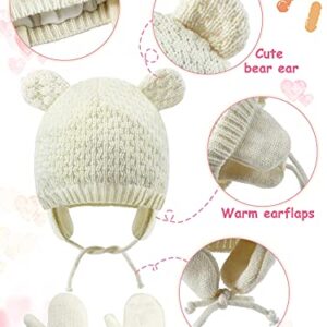 SATINIOR 2 Sets Baby Winter Beanie Hat Gloves Cute Bear Earflap Caps (White, Pink)