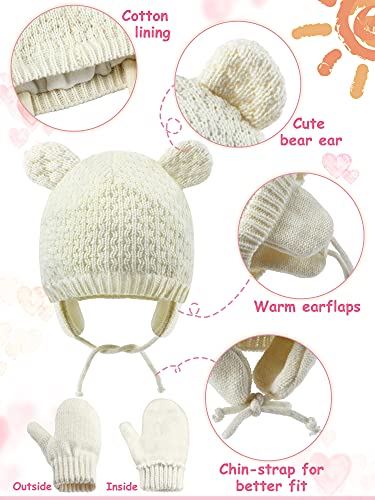 SATINIOR 2 Sets Baby Winter Beanie Hat Gloves Cute Bear Earflap Caps (White, Pink)