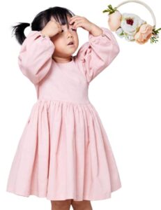 zyboutic infant baby girls linen dresses vintage smocking long puff sleeve round neck birthday gift dress autumn button back princess weddings flower girl sundress headband easter blush pink s