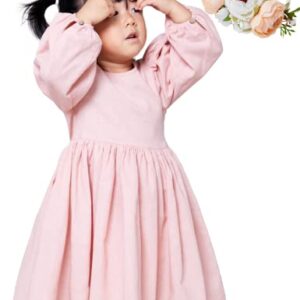 ZYBOUTIC Infant Baby Girls Linen Dresses Vintage Smocking Long Puff Sleeve Round Neck Birthday Gift Dress Autumn Button Back Princess Weddings Flower Girl Sundress Headband Easter Blush Pink S