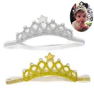 honbay 2pcs baby hair accessories baby princess crown headband with crystal and star for 1 to 3 years old baby, gold and silver