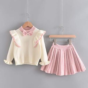 IDOPIP Toddler Kids Baby Girls Knit Sweater Dress Ruffle Long Sleeve Bowtie Sweater T-shirt Top + Tutu Skirt Princess Casual Birthday Party Dresses Fall Winter Outfit Clothes 2PCS Set Pink 4-5 Years