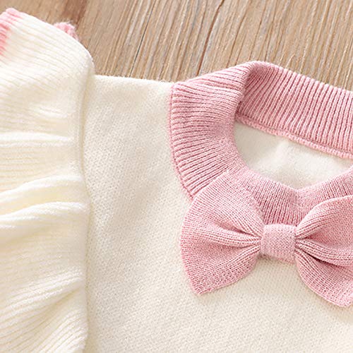 IDOPIP Toddler Kids Baby Girls Knit Sweater Dress Ruffle Long Sleeve Bowtie Sweater T-shirt Top + Tutu Skirt Princess Casual Birthday Party Dresses Fall Winter Outfit Clothes 2PCS Set Pink 4-5 Years