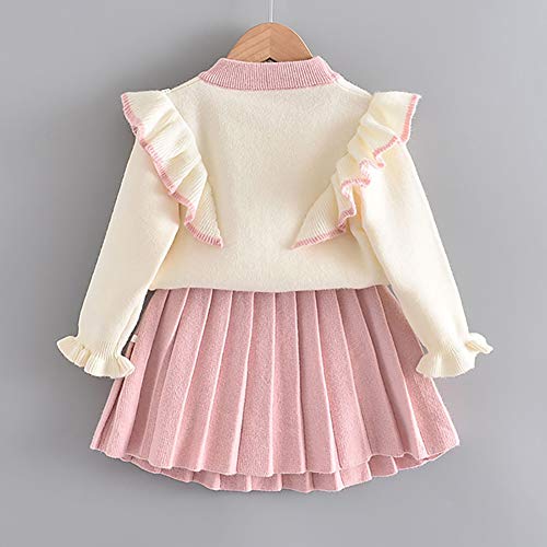 IDOPIP Toddler Kids Baby Girls Knit Sweater Dress Ruffle Long Sleeve Bowtie Sweater T-shirt Top + Tutu Skirt Princess Casual Birthday Party Dresses Fall Winter Outfit Clothes 2PCS Set Pink 4-5 Years