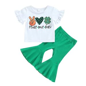 gueuusu st patricks day baby girl outfit short sleeve clover print shirt tops leopard flare pants infant bell bottom clothes (a-white 2, 6-12 months)