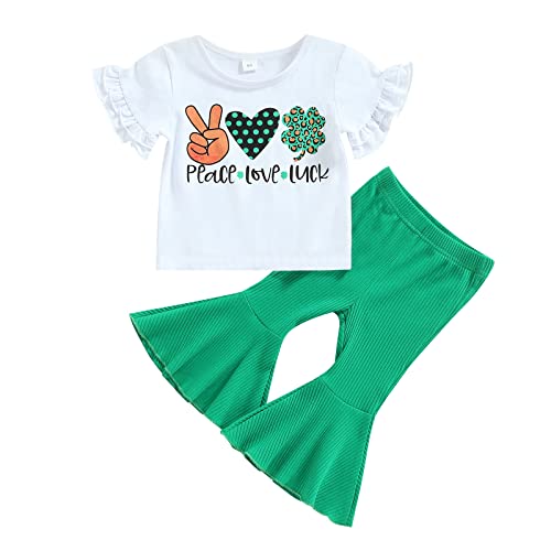 Gueuusu St Patricks Day Baby Girl Outfit Short Sleeve Clover Print Shirt Tops Leopard Flare Pants Infant Bell Bottom Clothes (A-White 2, 6-12 Months)