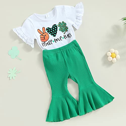 Gueuusu St Patricks Day Baby Girl Outfit Short Sleeve Clover Print Shirt Tops Leopard Flare Pants Infant Bell Bottom Clothes (A-White 2, 6-12 Months)