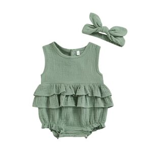 veurshop newborn baby girls’ summer clothes one piece rompers cute sleeveless jumpsuit outfit with headband (green,12-18 months)