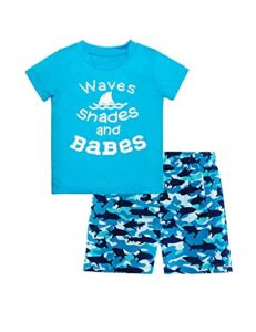 mommy’s new man infant toddler baby boy summer clothes waves shades and babes print blue short sleeve tops and shark short pants outfits (blue shark, 3t)